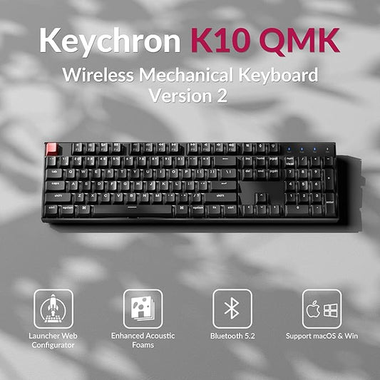 Keychron K10 Full Size Layout White LED Backlit Hot-Swappable Mechanical Keyboard for Mac Windows, 104-Key Bluetooth Wireless/USB Wired Computer Keyboard with Keychron Super Banana Switch(Version 2)