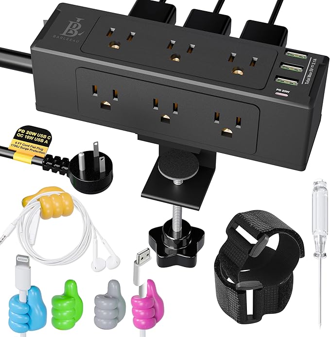 Desk Clamp Power Strip with USB C (20W PD) & USB A, 9 AC Outlets, Surge Protector, Flat Plug, 6.5ft Extension Cord – Desk Mount Power Station with Cable Management Kit for Home & Office – Black