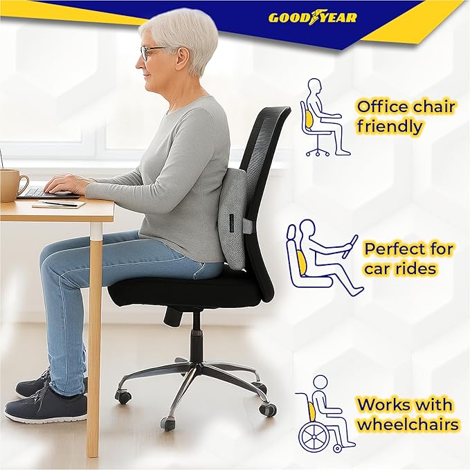 Goodyear Ergonomic Lumbar Support Pillow for Office Chair and Car Seat - Gel-Infused Back Support Lumbar Pillow, Premium Cushion Chair Support for Lower Back Pain Relief and Versatile Use - Grey
