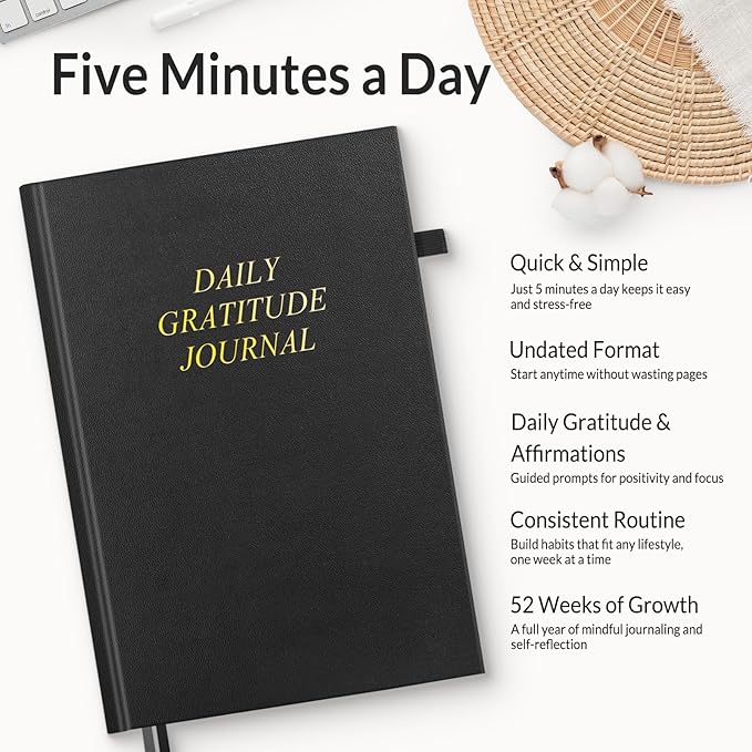 SUNEE Daily Gratitude Journal – Simple 5 Minute Journal for Daily Reflection, Build Positivity and Mindfulness, Undated Minimalist Planner for Women & Men (Black)