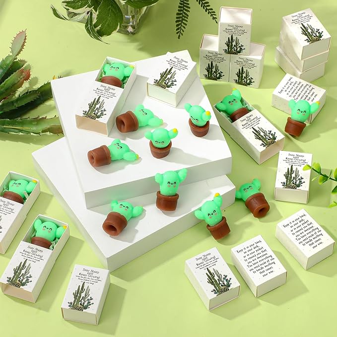 Wettarn 24 Sets Cactus Positive Gifts Cute Stress Balls with Support Gift Boxes Bulk Inspirational Party Favors for Employee Coworker Friends Office Relief Toys Funny Desk Decor