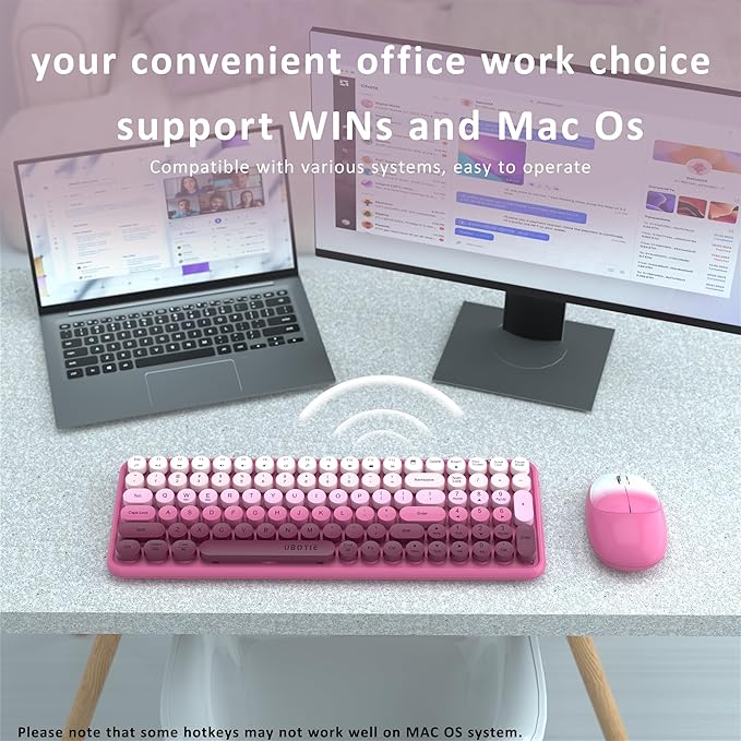 Wireless Keyboards and Mouse Combos, UBOTIE Colorful Gradient Rainbow Colored Retro Typewriter Flexible Keyboard, 2.4GHz Connection and Optical Mouse(Rosy Gradient)