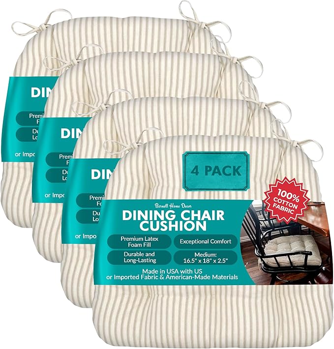 Barnett Home Decor Dining Chair Cushions with Ties, 16.5 x 18, Pack of 4 – Ticking Stripe Natural – 100% Cotton, Latex Foam Fill, Made in USA