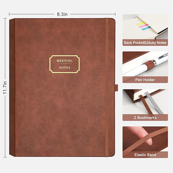 EMSHOI Meeting Notebook for Work with Action Items - 240 Pages A4 Large Project Planner Agenda Organizer Work Notebook for Women Men Office Business Notes, PU Leather Hardcover, 8.5" x 11", Coffee