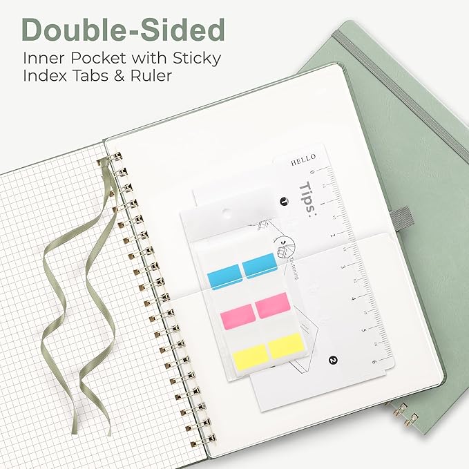 RETTACY Graph Grid Paper Notebook, 140 Pages, B5 Medium Size (7.6'' × 10''), 5 Squares per Inch, Leather Hardcover, 100 GSM Thick Paper, for School, Students, Math, Engineering (Light Green)