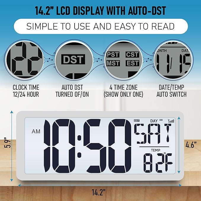 TXL Atomic Clock with Backlight, 14.2" Digital Wall Clock, Battery Operated, Large Display with Day, Date & Temperature, Bedroom, Living Room, Office