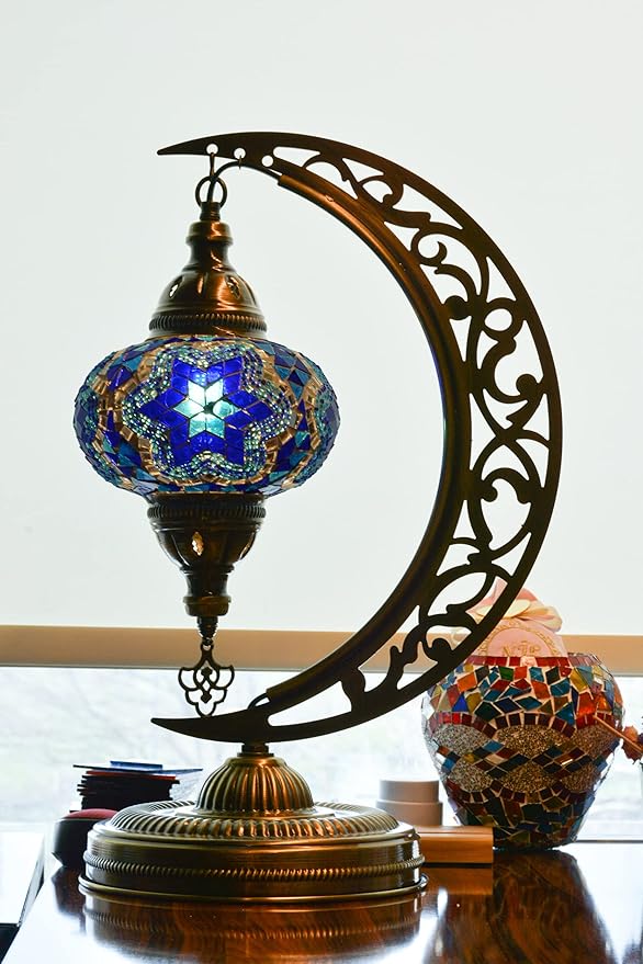 mozaist Moroccan Mosaic Crescent Shape Table Lamp, Turkish Moon Tiffany Style Handmade Desk Dim Light, Farmhouse Living Room Luna Lighting, Unique Turkish Gift with E12 Socket & US Plug (Sea Blue)