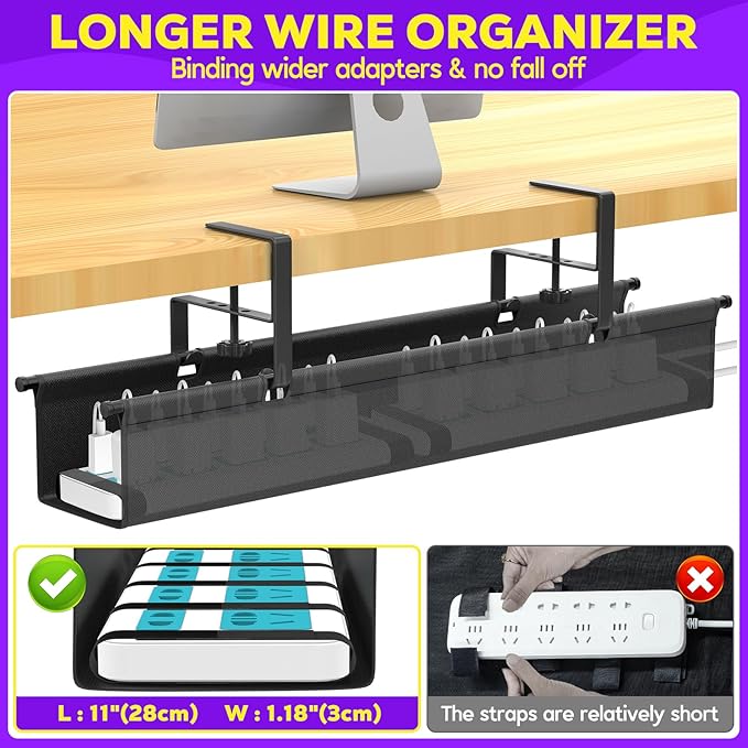 Large Under Desk Cable Management Tray, REFLYING 29.1" Cable Management Under Desk No Drill,Adjustable Clamp Cord Wire Organizer, Cord Hider for Standing Table, Wire Hider for Office,Home (Medium)