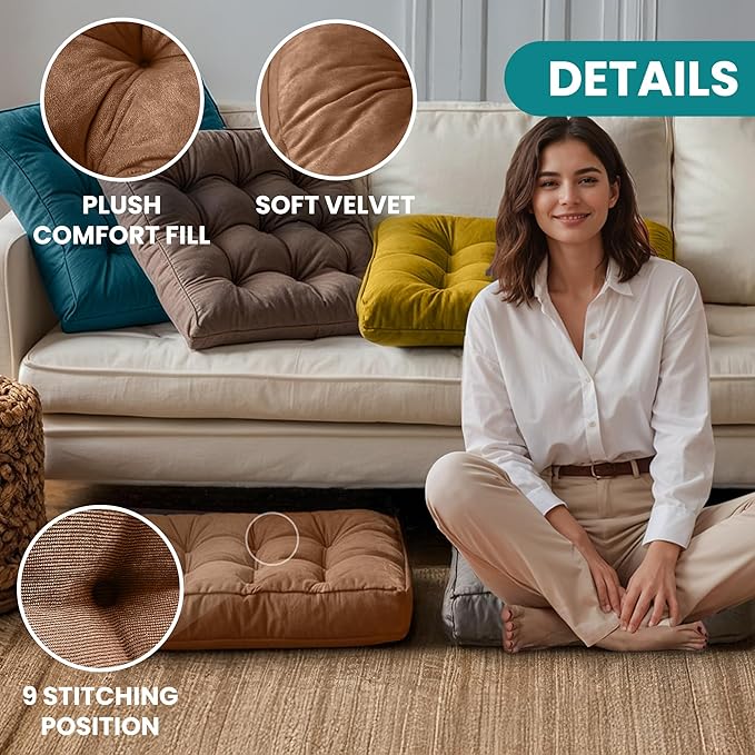 NEST & LOOM Floor Cushions - Floor Chair Pillow, Meditation Cushion, Square Large Floor Pillow, Solid Thick Tufted Floor Pillow - Teal - 21.65" x 21.65"