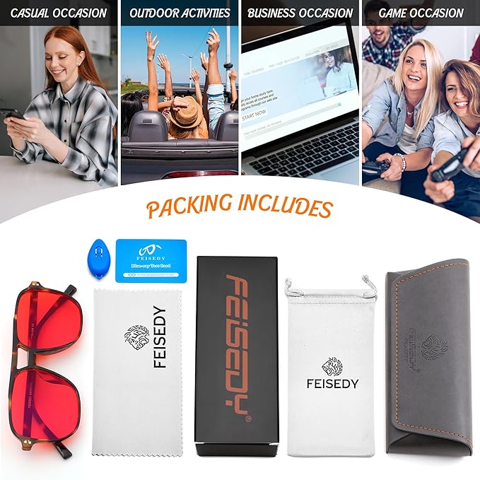 FEISEDY Sleep Blue Light Glasses for Woman Men 99.9% Computer Gaming Red Lens Eyeglasses Reduce Eyestrain G2835