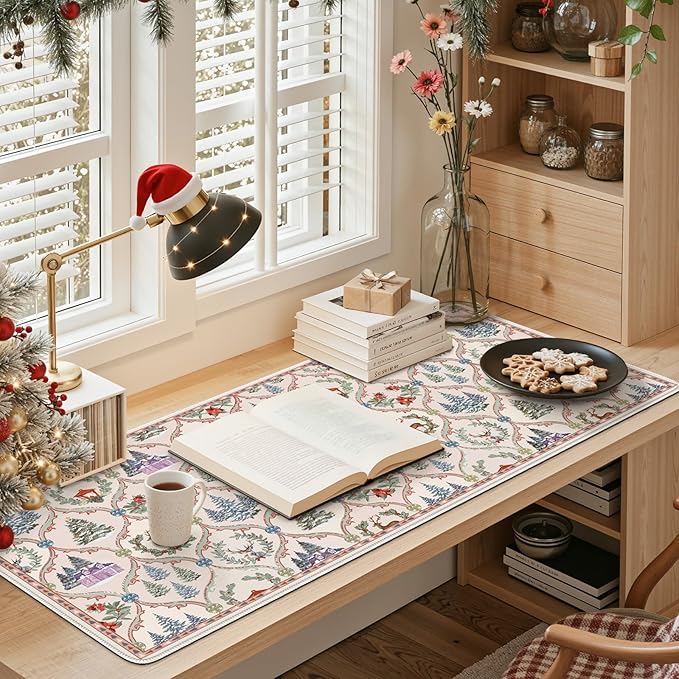 iCasso Christmas Desk Mat, Beige Mouse Pad, Desk Protector Mat, Extra Large Office Matt for Desktop,Anti-Slip XXL Big Mousepad with Stitched Edges for Computer Keyboard