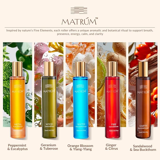 Five Elements Essential Oil Rollers – 100% Plant-Based Aromatherapy Gift Set with Squalane & Jojoba – Stress Relief, Relaxation, Skin Hydration & Self-Care Rollerball Oils