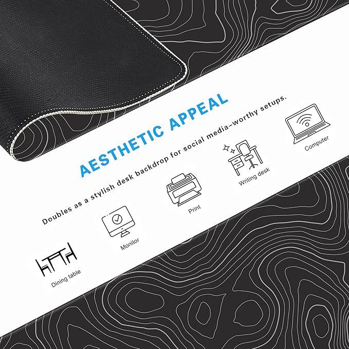 Minimalist Topographic Map Mouse Pad - Contour Extended Large Stitch Edge Mousepad Black & White Non-Slip Gaming Desk Mat 31.5x11.8inch