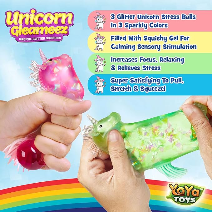 YoYa Toys Glitter Unicorn DNA Balls - Fidget Toy Stress Ball - Colorful Soft Squishy - Mental Stimulation, Clarity & Focus Tool - Fun for Any Age - 3 Pack