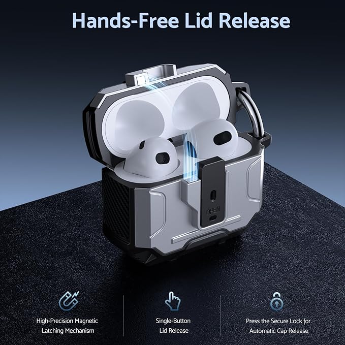 DASFOND Armor Cover Airpods 3 Generation Case, Military Grade Full Body Shockproof Protection Hard Case, Support Wireless Charging with Keychain, Magnetic Lid, Front LED Visible, Silver