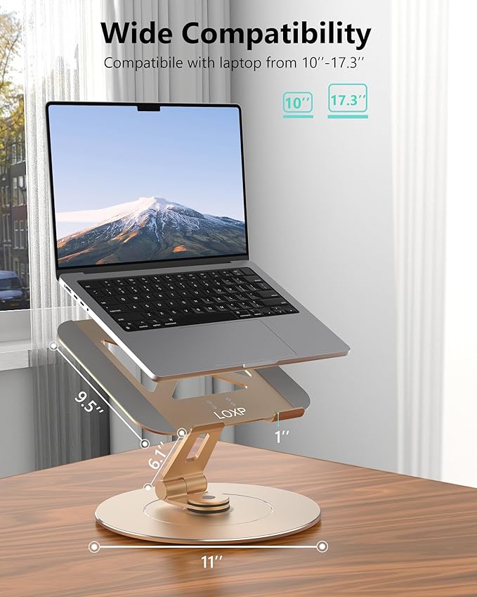 Ultra-Stable Aluminumy Swivel Laptop Stand for Desk with Rotating Foldable Phone Holder, 300% Large Base Stability, Anti-Loosening,Suitable for 10"-17.3" Laptops, Champagne Golden
