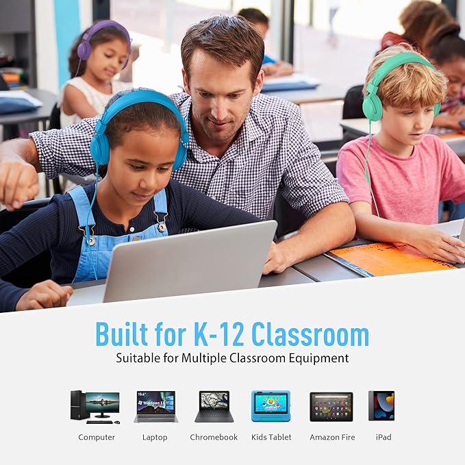 AILIHEN Kids Headphones Bulk 20-Pack for School Classroom K-12, On-Ear Wired Headsets with Microphone & 85dB Volume Limited & Sharing, 3.5mm Jack for Chromebook, Computer, Laptop (Multicolor)