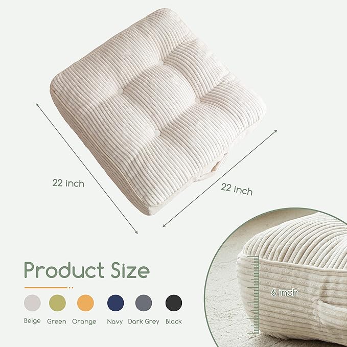 6" Washable Floor Pillow Cushion for Adults, Meditation Cushion Pillow, Large Square Floor Sitting, Removable Tufted Corduroy Cover, for Tatami Living Room or Yoga, 22x22 Inch, Machine Washable
