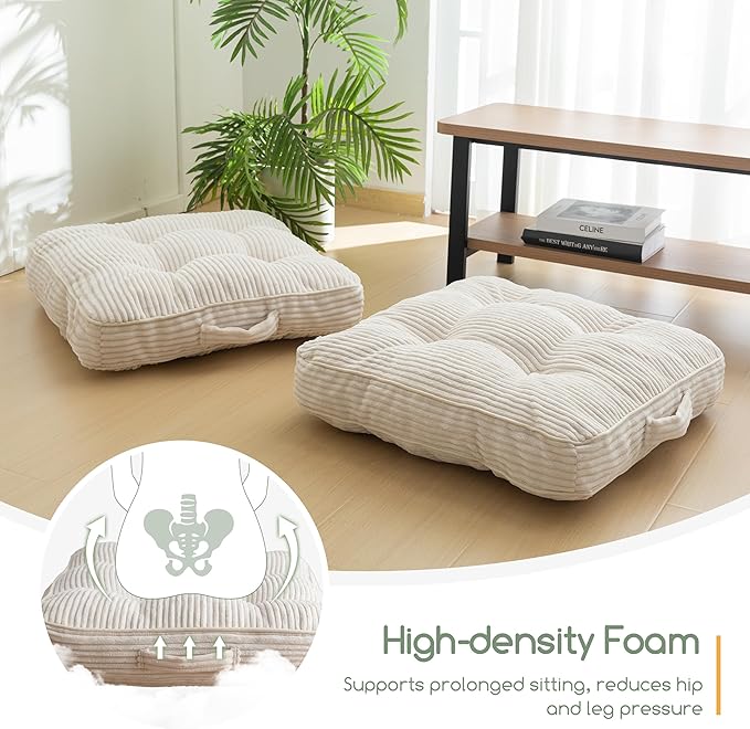 Washable Floor Pillow Cushion for Adults, Meditation Cushion Pillow, Large Square Floor Sitting, Removable Tufted Corduroy Cover, for Tatami Living Room or Yoga, 22x22 Inch, 2Pack, Machine Washable