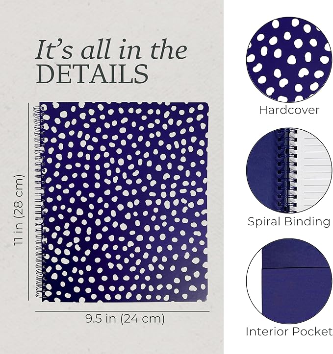 Steel Mill & Co Cute Large Spiral Notebook College Ruled, 11" x 9.5" with Durable Hardcover and 160 Lined Pages, Navy Dots