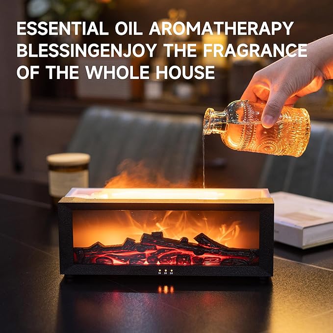 Fireplace Flame Air Diffuser Humidifier,7 Colors Aromatherapy Essential Oil Diffuser,Ultrasonic Aroma Humidifier with Timer for Home,Bedroom,Office,Yoga (BlackB, L)