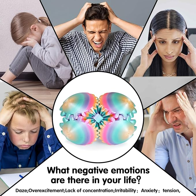 GearSphere 3D Printed Spin Ball or Cube Fidget Toy, Fidget Ball Gear Toy for Stress and Anxiety Relief, Desk Toy for Adults & Kids (Rainbow, 3.1 Inch)