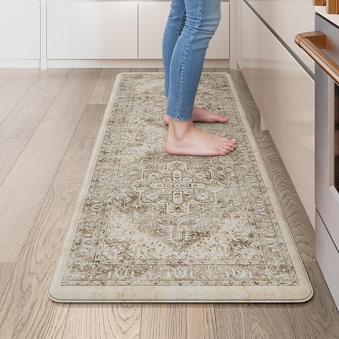 KIMODE Anti Fatigue Kitchen Mat 20"x39", Padded Kitchen Floor Mats Non Slip, Waterproof Cushioned Floral Kitchen Runner, Farmhouse Comfort Standing Mat for Laundry, Office, Sink, Desk Khaki