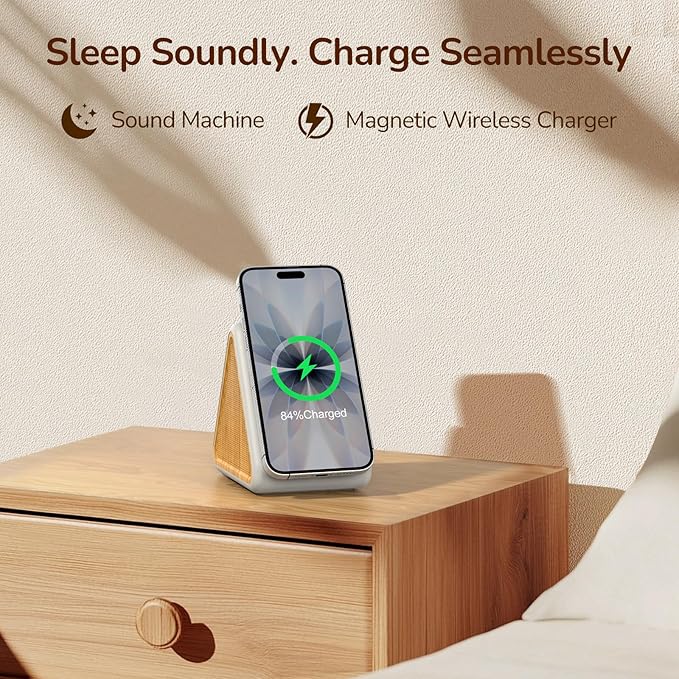Housbay Sound Machine with Magnetic Wireless Charger for iPhone,2-in-1 Design for Clutter-Free Nightstand,Dual-Speaker Stereo Sound for Sleeping - White Oak
