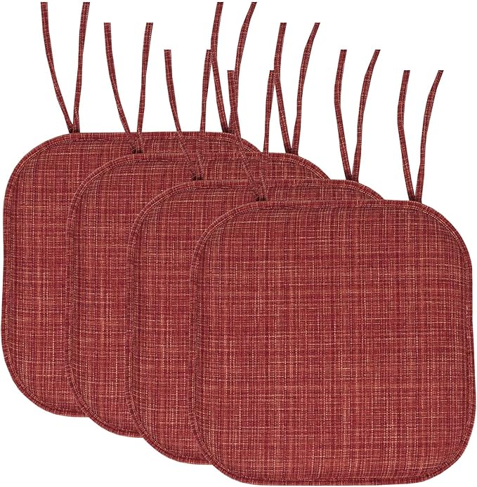 Sweet Home Collection Chair Cushion Memory Foam Pads with Ties Honeycomb Pattern Slip Non Skid Rubber Back Rounded Square 16" x 16" Seat Cover, 4 Pack, Aria Burgundy