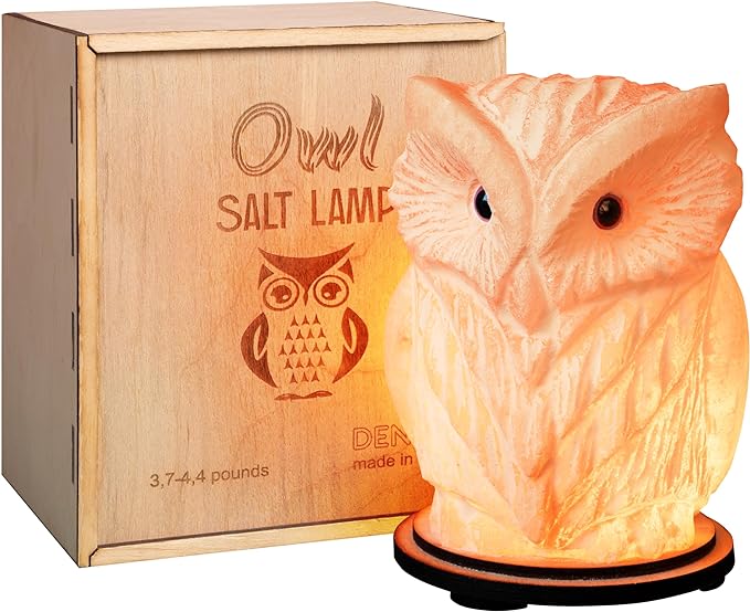 Owl Crystal Salt Lamp H 6.7”, 4.4 lbs - Pure Natural Rock Salt – Unique Night Light Lamp - 1 Light Bulb as a Gift - Wooden Present Box - Holiday Gift Ideas - Cool Room Décor