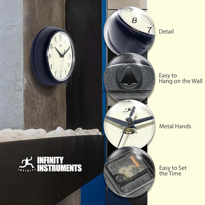Infinity Instruments Retro 9.5 Inch Round Indoor Wall Clock, Navy Blue