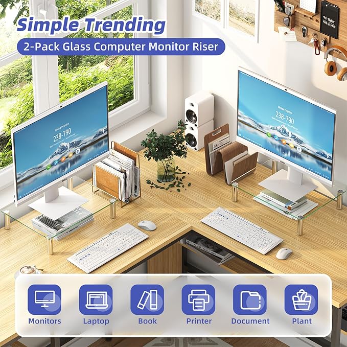 Simple Trending 2 Pack Computer Monitor Riser with Height Adjustable, Tempered Glass, Multi Media Desktop Stand for Flat Screen TV Laptop