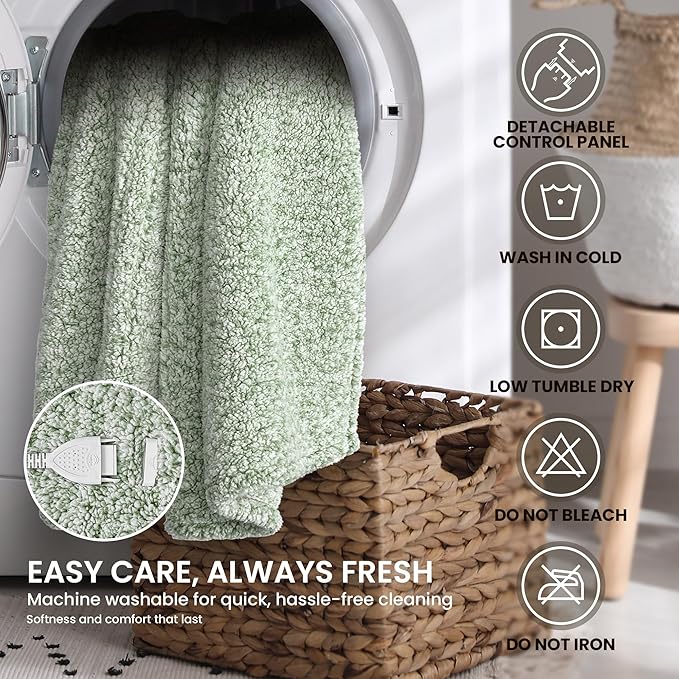 Electric Heated Blanket Full Size 72x84 inches, Fast Heating w/ 10 Heat Settings & 2/4/8/10H Auto Timer, Double-Sided Sherpa, Ultra Soft & Cozy for Couch, Bed, Office, Machine Washable, Light Sage