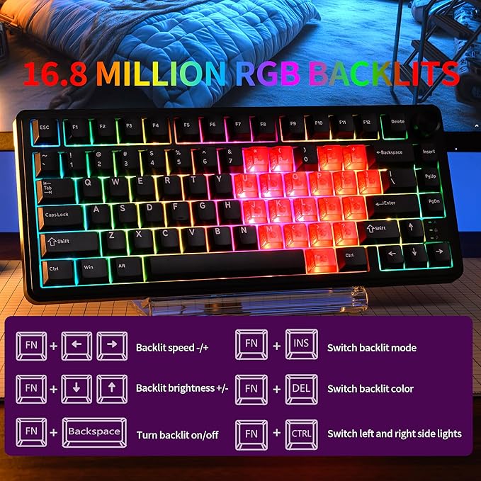 x XVX M75 75% Wireless Gaming Mechanical Keyboard, BT5.0/2.4GHz/USB-C,Hot Swappable Creamy Pre-lubed Switches, Gasket Structure,RGB Backlit Black Keyboard w/Knob for PC/Laptop/Xbox/PS4/PS5,LUMINA CORE