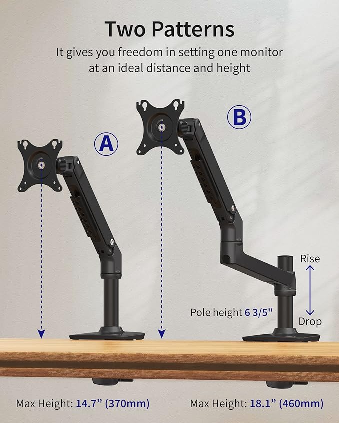 Single Monitor Arm Desk Mount, Holds Screens up to 40 Inches and 25 lbs, Fully Adjustable Vesa Monitor Mount with C-Clamp and Grommet Base, Aluminum, Black