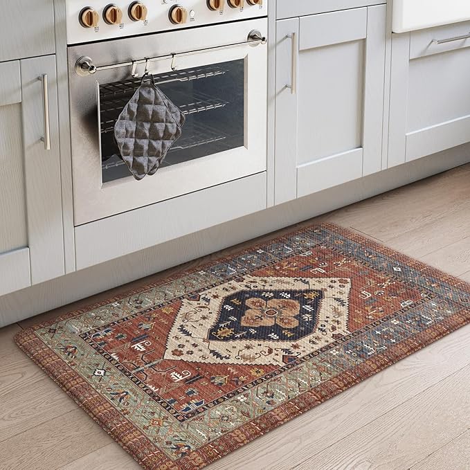 KIMODE Anti Fatigue Kitchen Mat, Boho Distressed Kitchen Rug 20"x32", Non Slip Waterproof Kitchen Floor Mat, Comfort Foam Mat for Kitchen Floor, Sink, Laundry, Office, Desk Red Floral