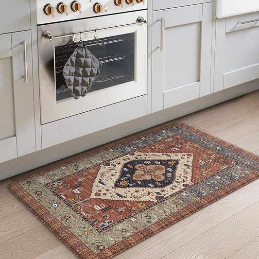 KIMODE Anti Fatigue Kitchen Mat, Boho Distressed Kitchen Rug 20"x32", Non Slip Waterproof Kitchen Floor Mat, Comfort Foam Mat for Kitchen Floor, Sink, Laundry, Office, Desk Red Floral