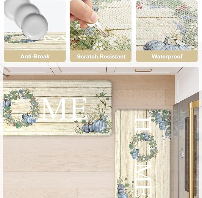 KIMODE Anti Fatigue Pumpkin Kitchen Mat for Floor,Halloween Fall Kitchen Rugs Sets of 2, Autumn Farmhouse Kitchen Rugs Non Slip,Cushioned Kitchen Floor Mat for Floor Sink, Laundry, Office,Home Blue