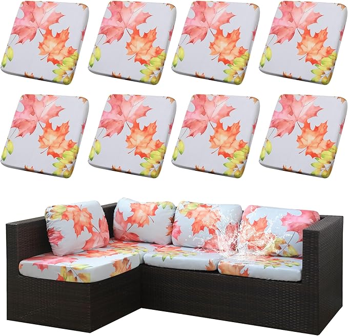 8Pcs Stretch Patio Cushion Covers Outdoor Cushion Cover, Jacquard Stretch Cushion Covers, Cover Replacement, Outdoor Sofa Covers, Washable Furniture Couch Cushion Cover (Red and Yellow maple)