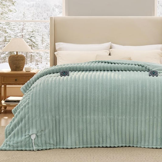 Bedsure Electric Blanket Queen Size - Thick Striped Flannel Electric Blanket with Dual Control, Heating with 10 Heat Settings & 10 Time Settings, 8 hrs Timer Auto Shut Off (84x90 inches, Green)