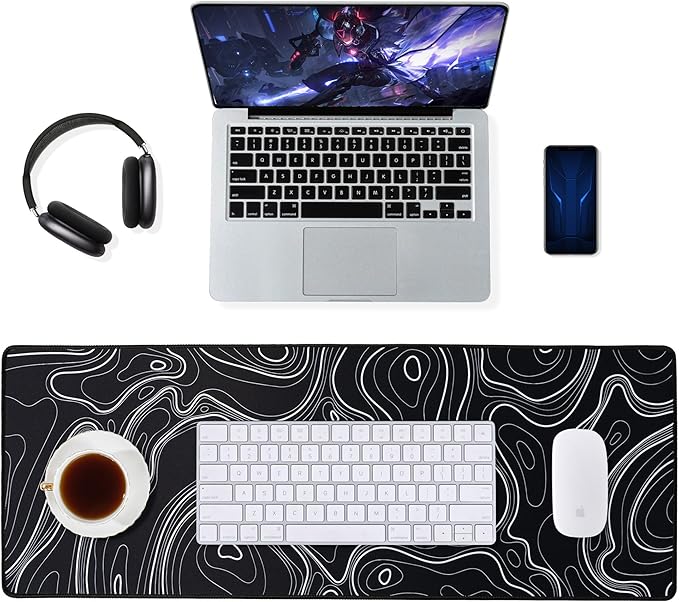 ALOANES Waterproof Mouse Pad with Durable Stitched Edge, XL Gaming Keyboard Pad, Non-Slip Rubber Base, Extended Desk pad for Gamer, Office & Home, Black Topographic Map Mousepad 31.5''x 11.8''x 0.12''
