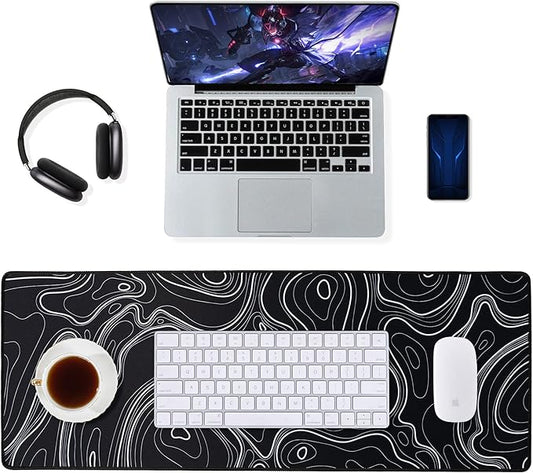 ALOANES Waterproof Mouse Pad with Durable Stitched Edge, XL Gaming Keyboard Pad, Non-Slip Rubber Base, Extended Desk pad for Gamer, Office & Home, Black Topographic Map Mousepad 31.5''x 11.8''x 0.12''