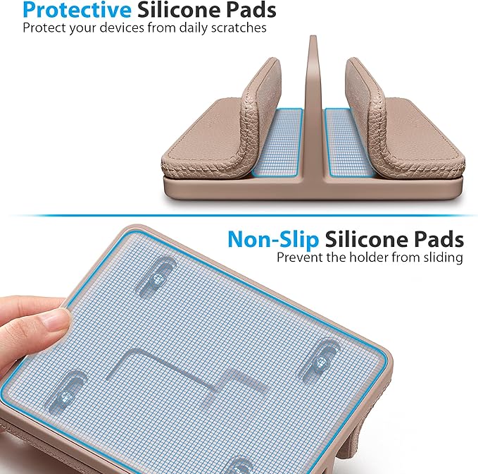 Leather Vertical Laptop Stand,Dual Laptop Holder Stand,Laptop Organizer with Adjustable Dock (18-26mm/0.7-1 in) for All MacBook/Tablet/Surface/Dell/iPad (Apricot)