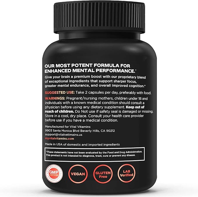 Vital Vitamins Nootropic Brain Supplement Plus - for Memory, Focus, Concentration, Neuro Energy, Clarity - with Lion's Mane Mushrooms - 60 Capsules