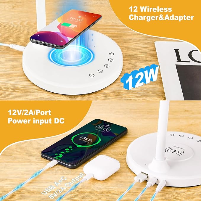 KAiSnova Desk Lamp for Office Home, Gooseneck Desk Lamp with Wireless Charger, Touch Table Lamp with USB C+A Charging Ports, 5 Colors Dimmable Bedside Reading Lamp for College Dorm Room White