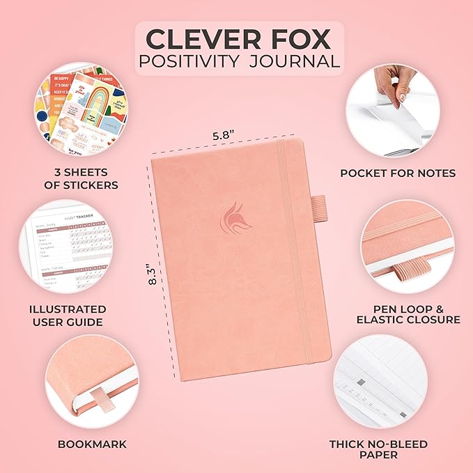 Clever Fox Positivity Journal – Daily Gratitude & Affirmation with Prompts – Motivational Mental Health Notebook with Habit Tracker (Light Pink)