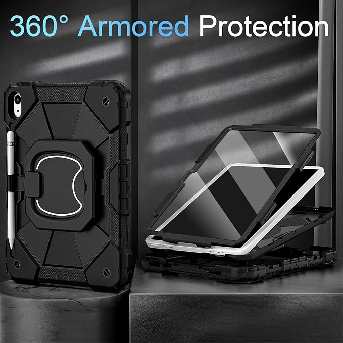 Case for iPad (A16) 11th/10th Generation 2025/2022,360° Rotating Stand iPad Case 10th Generation with Screen Protector Pencil Holder,Heavy Duty Shockproof i Pad 11.0/10.9 Inch Cover,Black