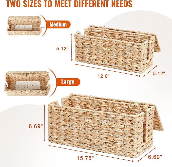 Posprica Cable Management Box with Lid, 2 Pack Handwoven Faux Ratten Cord Hider Organizer Boxes, 2 Side Open Slots Storage Box to Hide Cords and Power Strip for Desk, Floor, Office