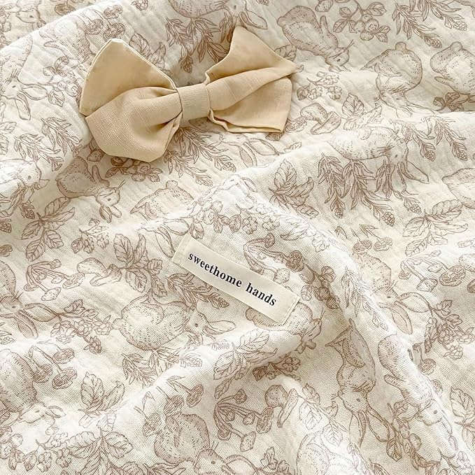 BuLuTu 4-Layer Large Baby Crib/Cradle Blanket Nursery Throw Blanket Reversible Cotton Muslin Kids Bed Blanket for Boys Girls,Breathable,Lightweight,Forest Rabbit Mushroom Pattern,47''x51''