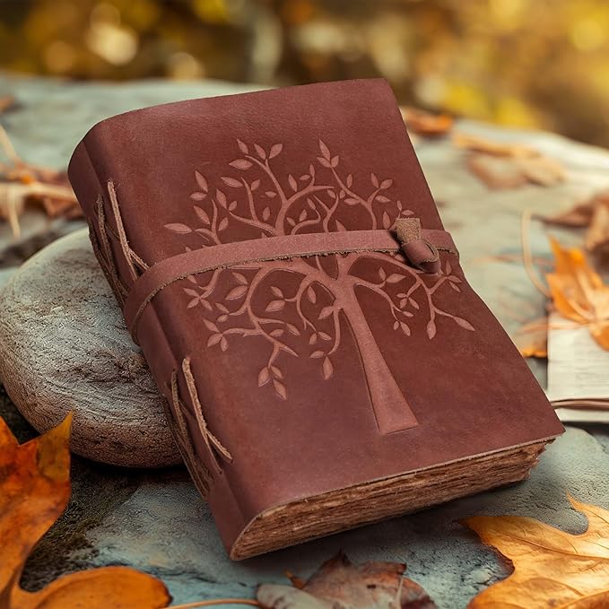 LEATHER VILLAGE Tree of Life Journal - 8"X6" (A5) inches - Red Brown - 200 Antique Deckle Edge Handmade Paper – Book of Shadows - Vintage Leather Bound Journal for Women & Men